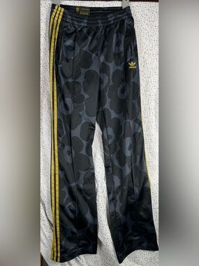 Marimekko x Adidas Black Floral Track Pants with Yellow Stripes